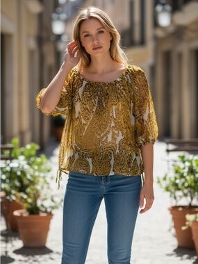 MILLY of New York Silky Greenish Yellow Paisley Print Blousesize